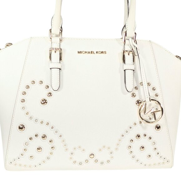 Michael Kors Ciara White Studded Saffiano Leather Convertible Satchel Crossbody - Picture 2 of 10